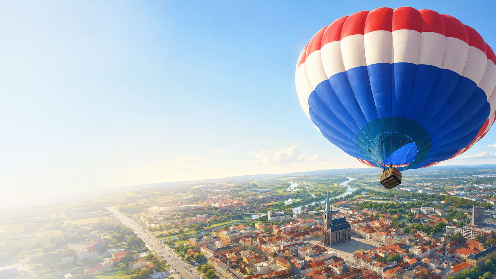 Letecký pohled na Plzeň s balónem – realitní kancelář RE/MAX Cross Plzeň
